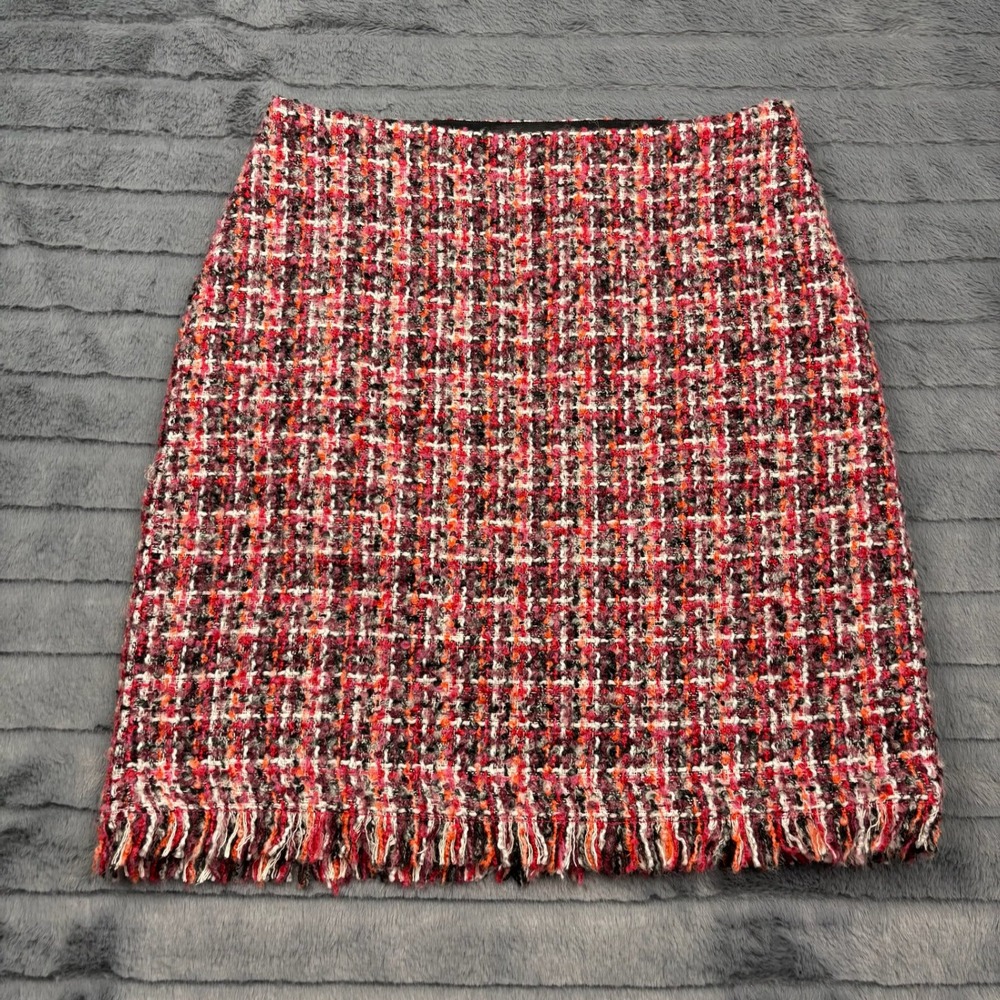 Talbots Petites Red Pink Tweed Fringe Hem Mini Skirt 4P PH5090